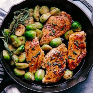 Balsamic Glazed Chicken Tighes with roasted brussels sprouts