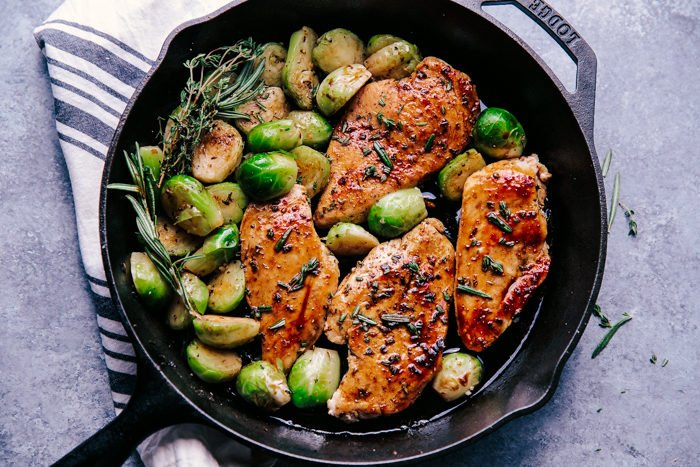 Balsamic Glazed Chicken Tighes with roasted brussels sprouts