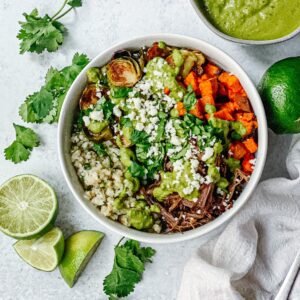 Shredded Beef Bowl with roasted root vegetables